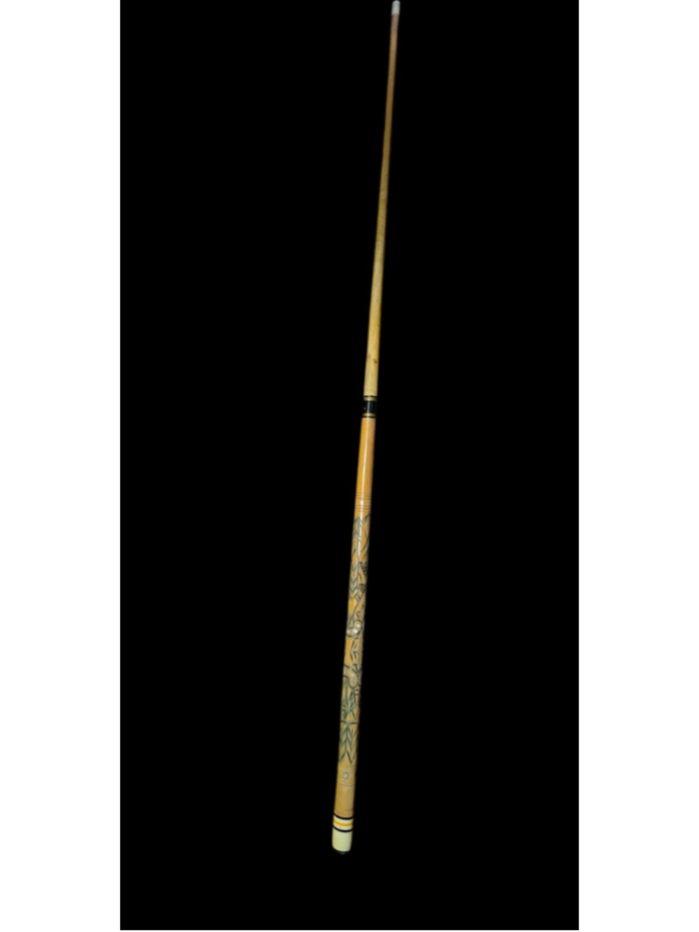 VINTAGE Wooden Pool Cue Stick Carved MOTHER of PEARL Inlay 57”-Needs Tip